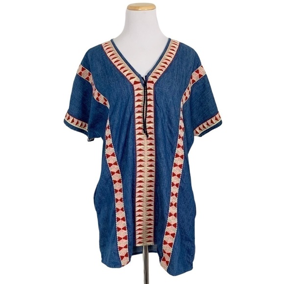 Zara TRF Denim Chambray Embroidered Dress Women’s S Pockets Colorful Boho - Picture 1 of 15